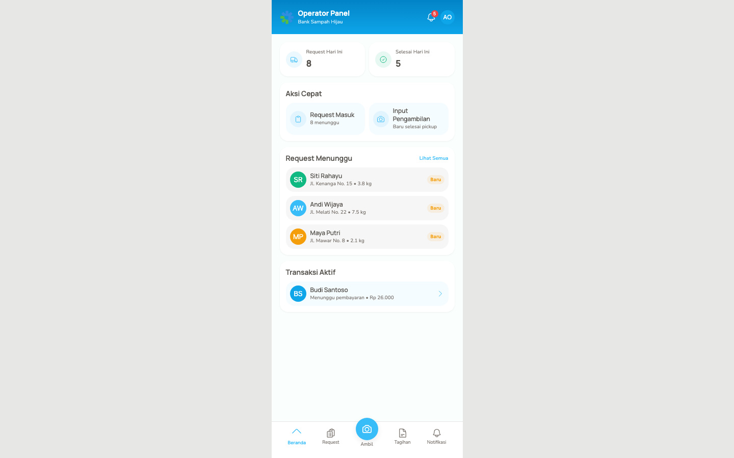 Aplikasi Operator — kelola pengambilan, timbang sampah, dan update status.