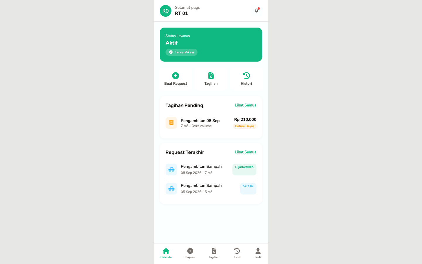 Aplikasi RT — request pengambilan, jadwal, dan tagihan.